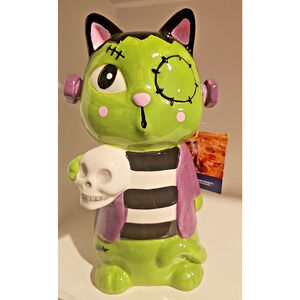 Halloween Frankenstein Green Cat Skull Ceramic Decor New 10.75"